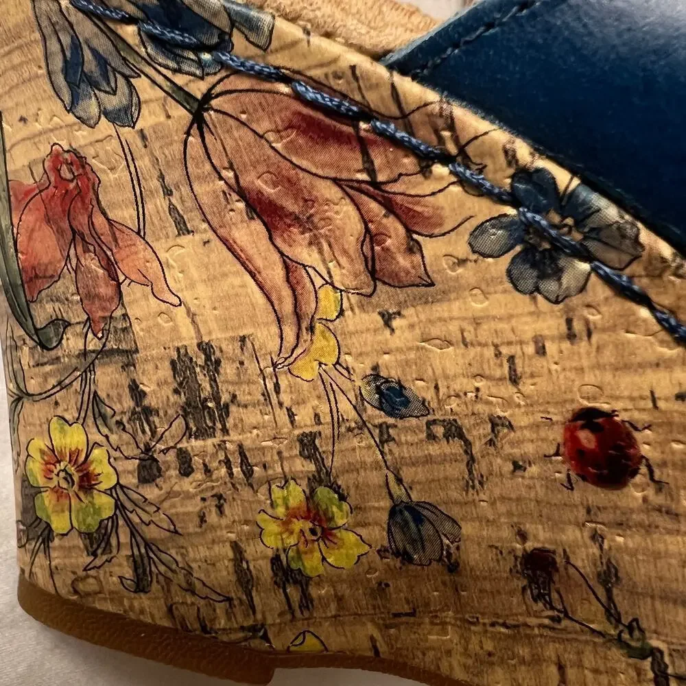 b.o.c. Teal Blue Leather Wedge Slide Sandals Floral Cork Heel Size 9